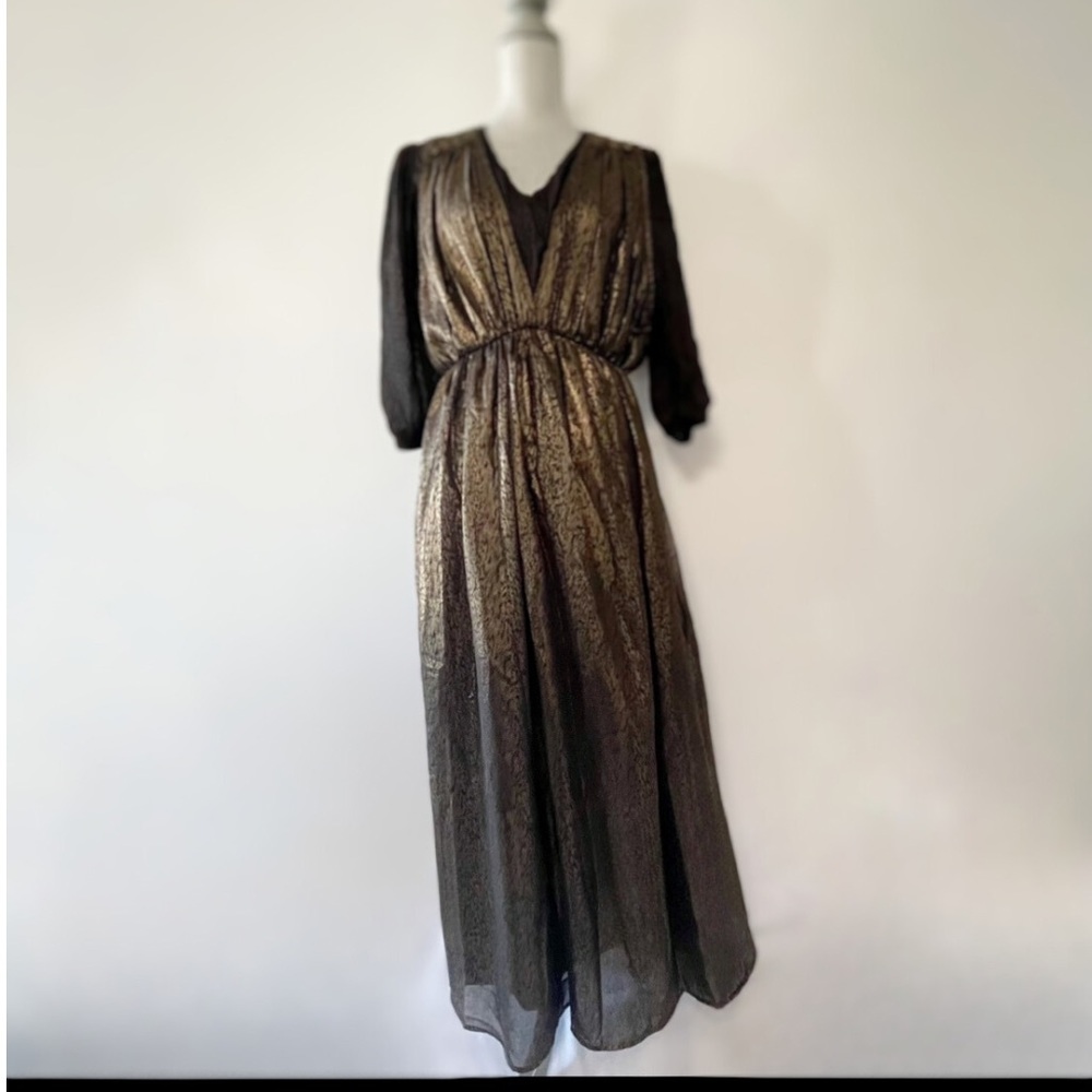 Louizon Paris gold and black maxi long dress puff sheer sleeve